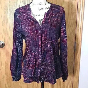 Tribal abstract animal print smocked v-neck button up top